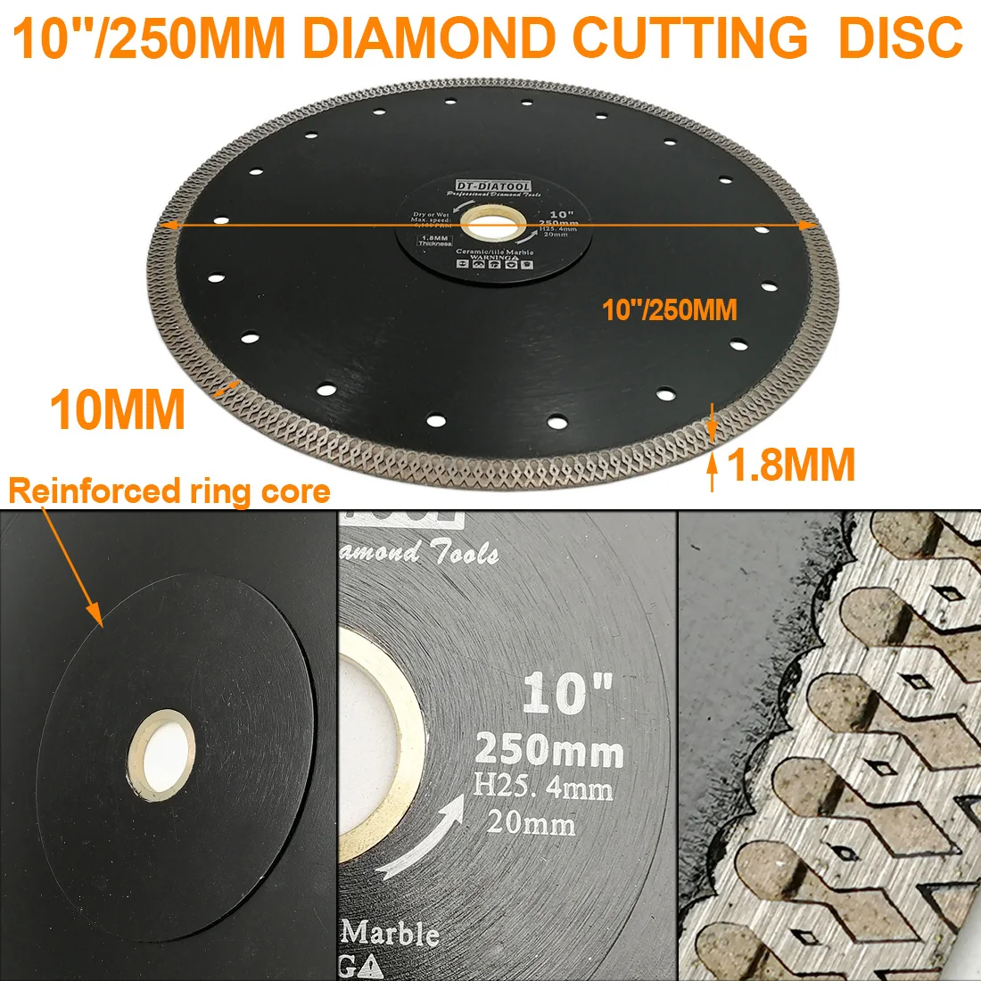 DT-DIATOOL 1piece Diameter 10inch/250mm Diamond Cutting Disc X Mesh Turbo Dry Wet Saw Blade Cutting Wheel for Porcelain Marble DT-DIATOOL 1piece Diameter 10inch/250mm Diamond Cutting Disc X Mesh Turbo Dry Wet Saw Blade Cutting Wheel for Porcelain Marble