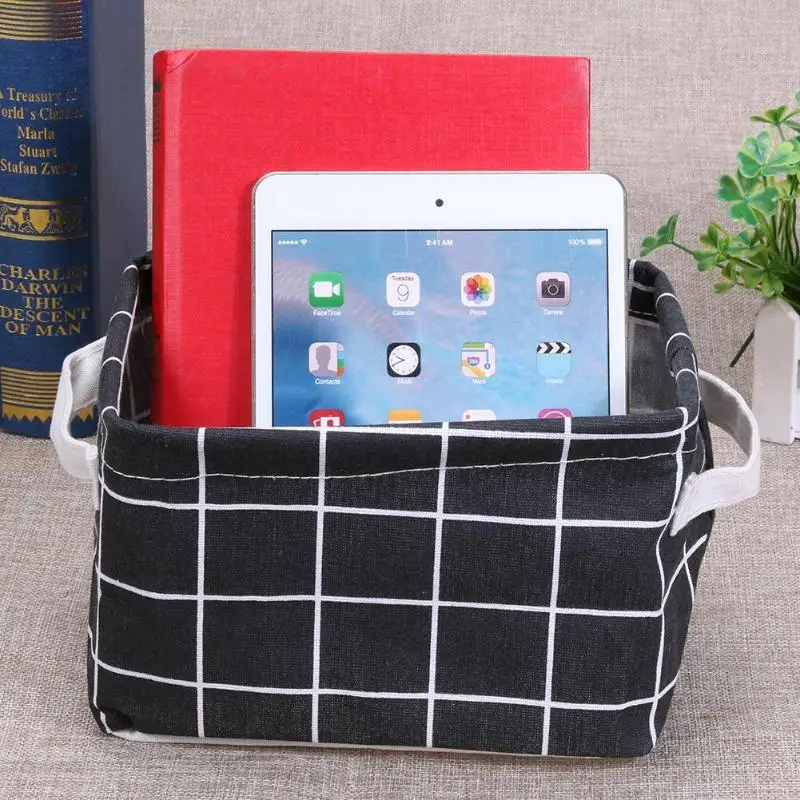 

Nordic Style Brief Linen Desk Storage Box Holder Plaid Geometric Print Jewelry Cosmetic Stationery Organizer Case