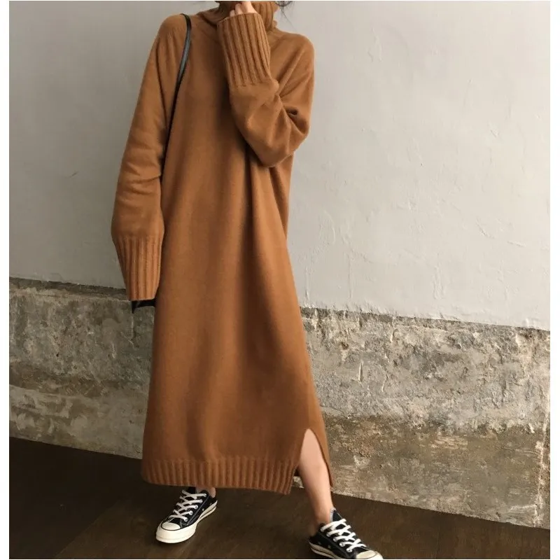 Women Winter Turtleneck Pullover Sweater Dress Casual Long Knitted Dress Female Loose Solid Pullovers Long Split Sweater Robe Women Winter Turtleneck Pullover Sweater Dress Casual Long Knitted Dress Female Loose Solid Pullovers Long Split Sweater Robe