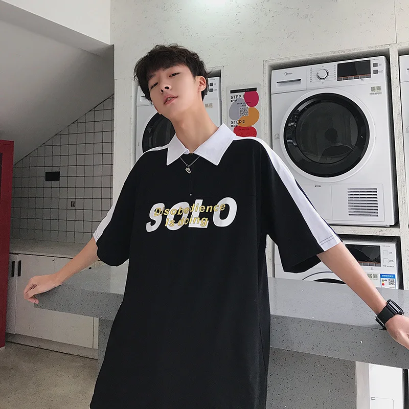 

Men's T-shirt 2019 summer new monogrammed short-sleeved two-tone patchwork loose-lapel T-shirt personalized casual men's wear