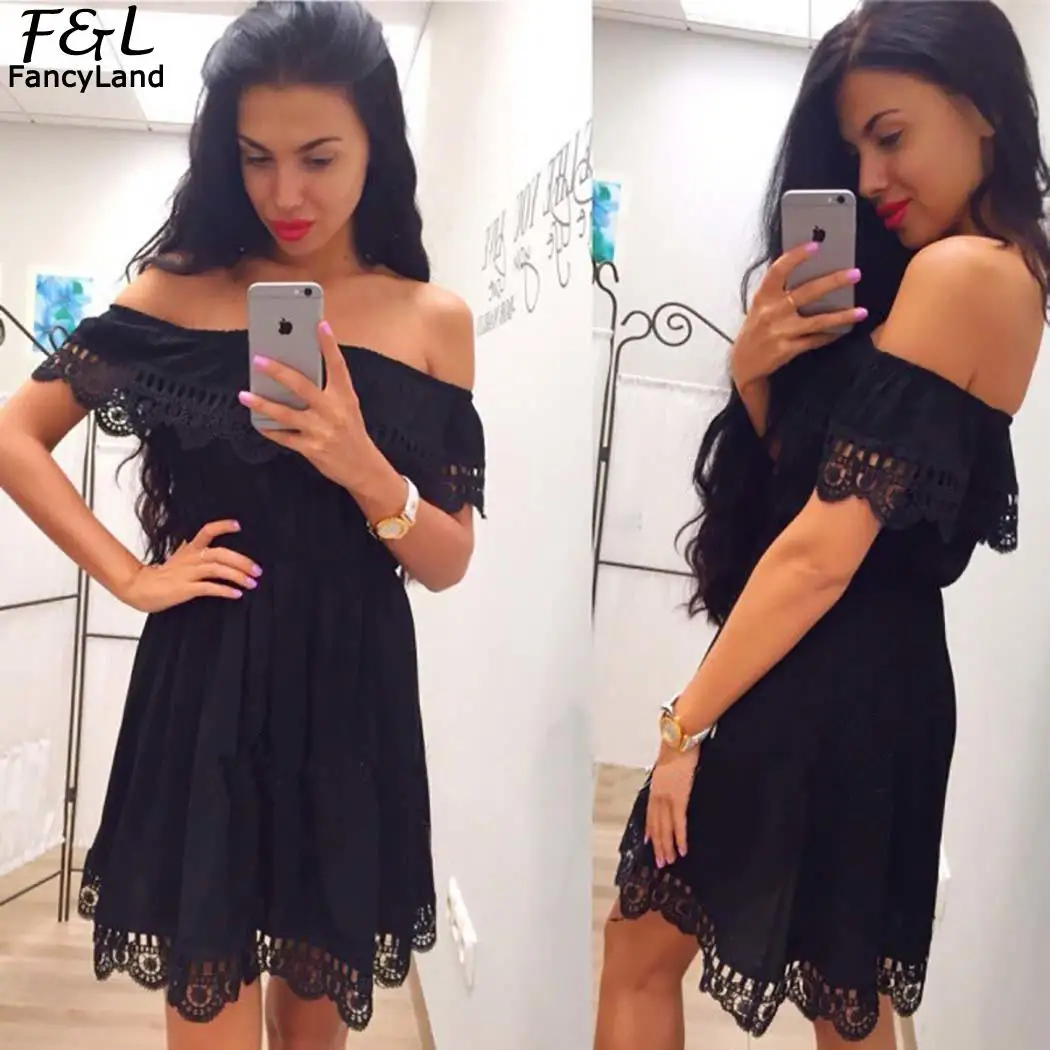 

Women Casual Off Shoulder Sleeveless Summer Dress Sexy Patchwork Ruffles Party Dress Elegant Solid Lace Dress