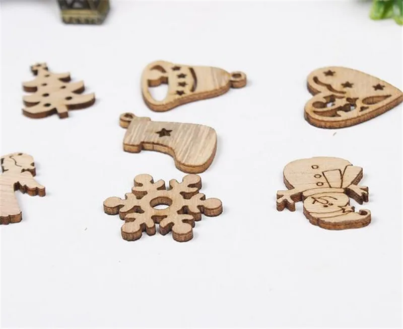 

New 100sets 50 pcs set DIY Natural Wooden Chip Christmas Tree Hanging Ornaments Pendant Kids Gifts Snowman Tree Shape Xmas