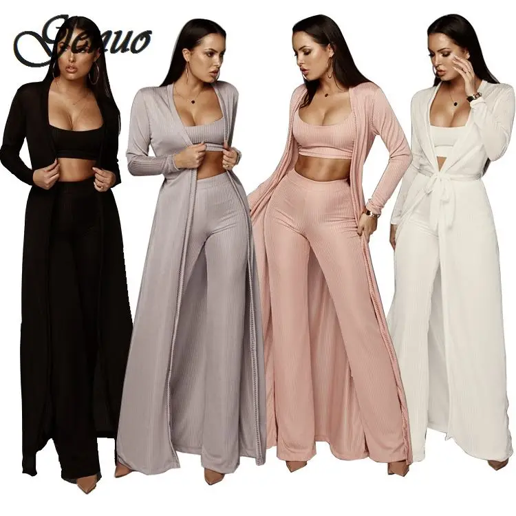 

Women bandage lace up long sleeve cardigan coat loose wide leg pants tube top 3 piece set for female women's suits