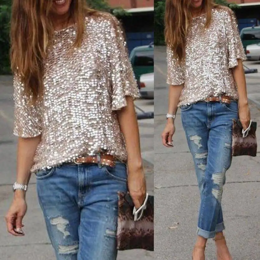 

New Sexy fashion Spring autumn women's Sequins Lady Shirt Half Sleeve evening party summer cocktail lady tops t shirt