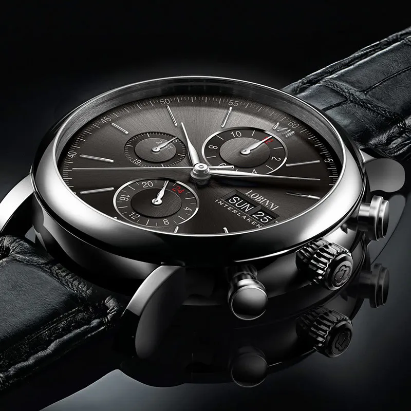 Швейцарские LOBINNI мужские часы люксовый бренд Perpetual Calender Авто Механические Мужские часы Сапфировая кожа relogio L13019-6