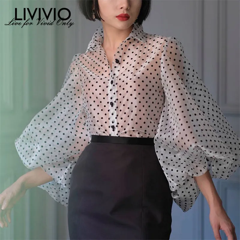  [LIVIVIO] Vintage Polka Dot Long Puff Sleeve Womens Tops and Blouses Plus Size Sheer Shirts 2019 Su