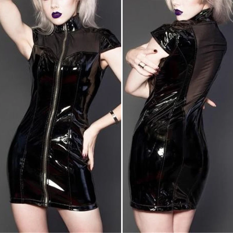 

Women Gothic Punk dress Perspective PVC Mesh Stitching Zipper solid color hips-wrapped cool Tight Dress Night Stage mini dresses
