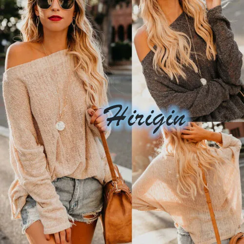 

Women Thin Sweaters NEW Women's Ladies Long Sleeve Slash Neck Off Shoulder Loose Solid Knitted Sweater