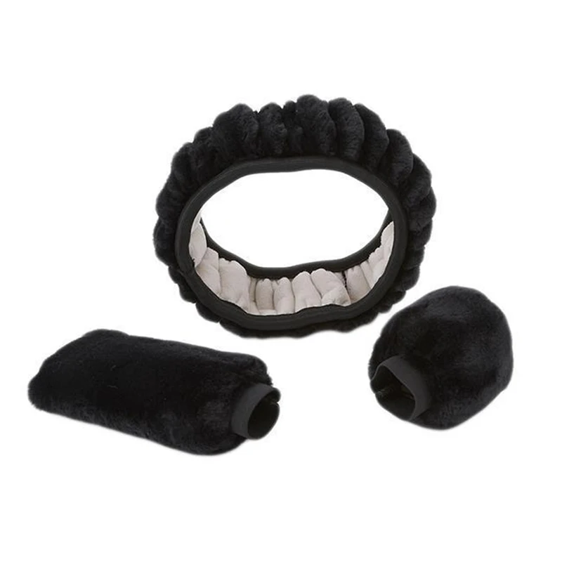 

3x Black Soft Steering Wheel Cover Fuzzy Wool Plush Car Auto Winter Warmer Set