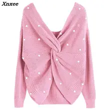 Xnxee Pearl Beading V Neck Twist Sweater Sweet Burgundy Women Pullovers Knit Jumper Long Sleeve Casual Solid Sweater pull femme plus pearl beading bell sleeve jumper