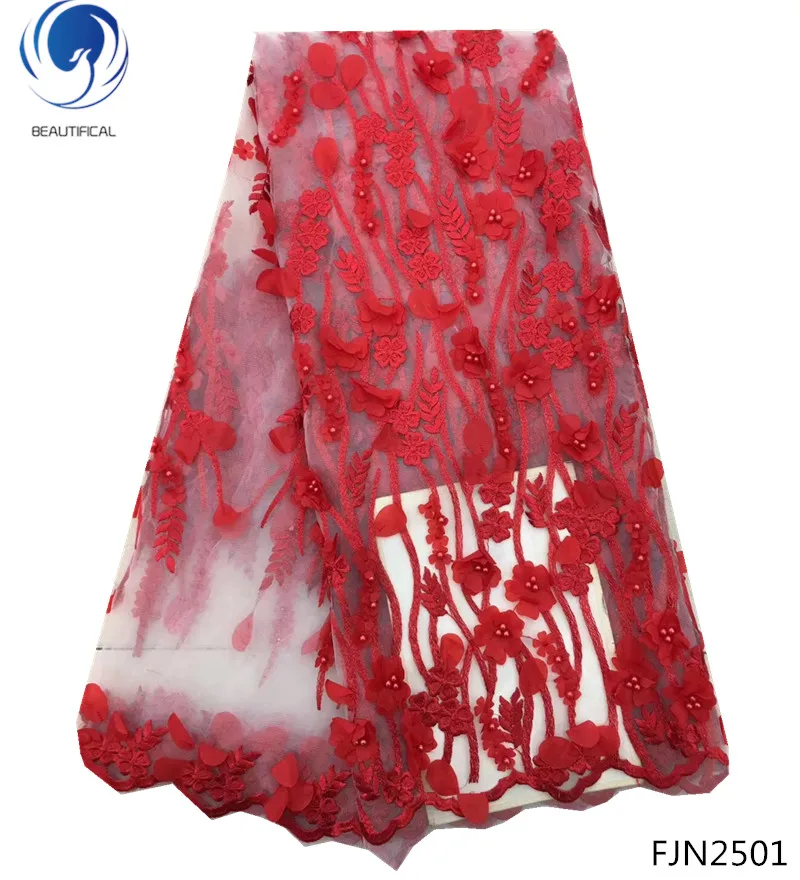 

BEAUTIFICAL 3d lace fabrics african tulle laces with beads high quality lace fabric for wedding dressing 5yards/lot FJN25