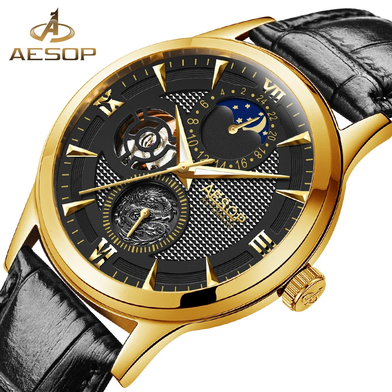 

Aesop Fashion Casual Watch Men Automatic Mechanical Gold Wrist Watches Wristwatch Male Clock Relogio Masculino Hodinky Box 9019