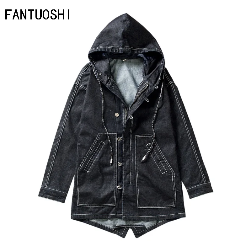 Men Jacket Coat Long Section Fashion Trench Coat Men Denim Jacket Hooded Slim Casual Large Size Jacket Black 5xl