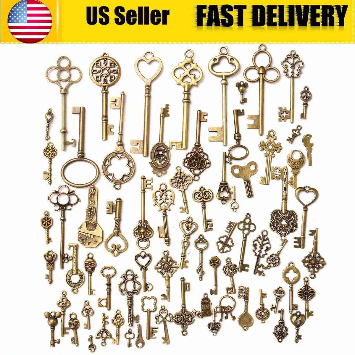 

70Pcs Adornos Vintage Keys Antique Old Look Bronze Skeleton Key Fancy Heart Bow Pendant Decor