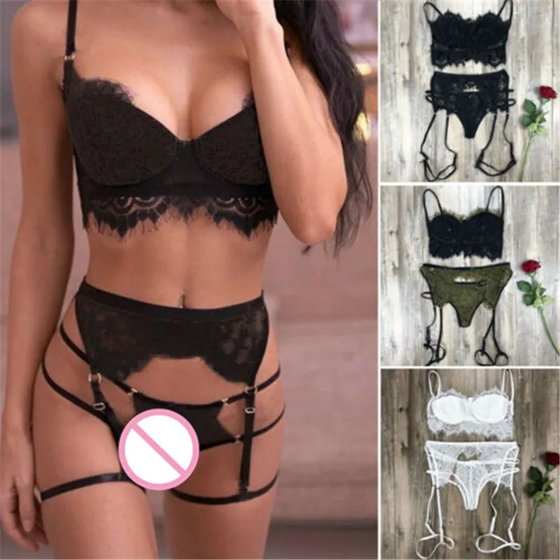 

women Sexy Lingerie Open Lace bandage Bra+G-string Thong Set Strappy Lingerie Set Babydoll Sleepwear Underwear 3 colors