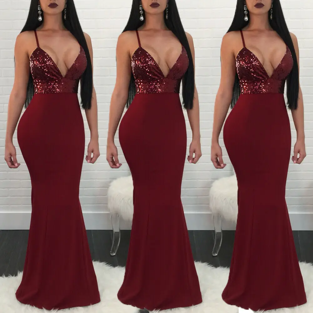 

2019 Newest Hot Women Sexy Formal Wedding Bridesmaid Long Party Dress Sequins Ball Prom Deep V Neck Backless Dress