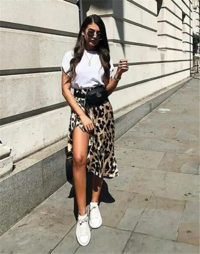 

Sexy Women Casual Asymmetrical Split Skirt Leopard Print High Waist Party mid caif skirt