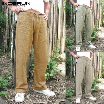 

INCERUN Casual Men Straight Pants Cotton Loose Solid Ethnic Style Trousers Men Drawstring Pockets Pants Men Pantalon Hombre 2020