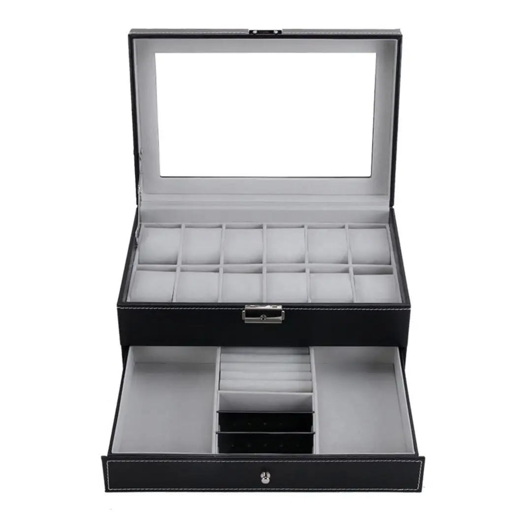 

watches & Jewelry Leather Dispay Watch Box Luxury Collection Case Storage Holder Organizer Metal Buckle Double-layers 12 Slots