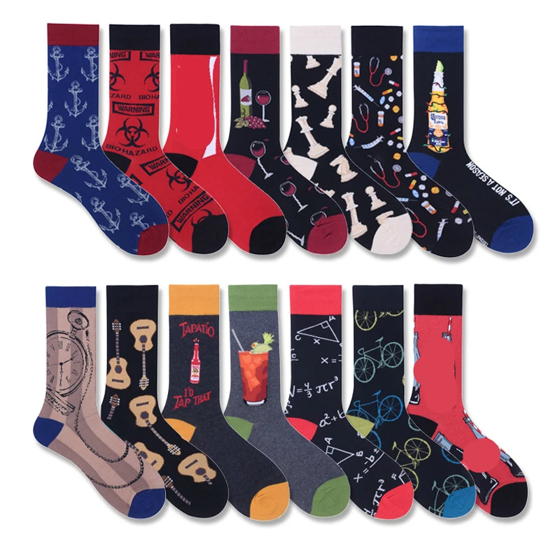 

Men Socks Fashion Cartoon Cola Red Wine Guitar Bike Anchor Funny Harajuku Hip Hop Street Style Happy Casual Skate Cotton Socks