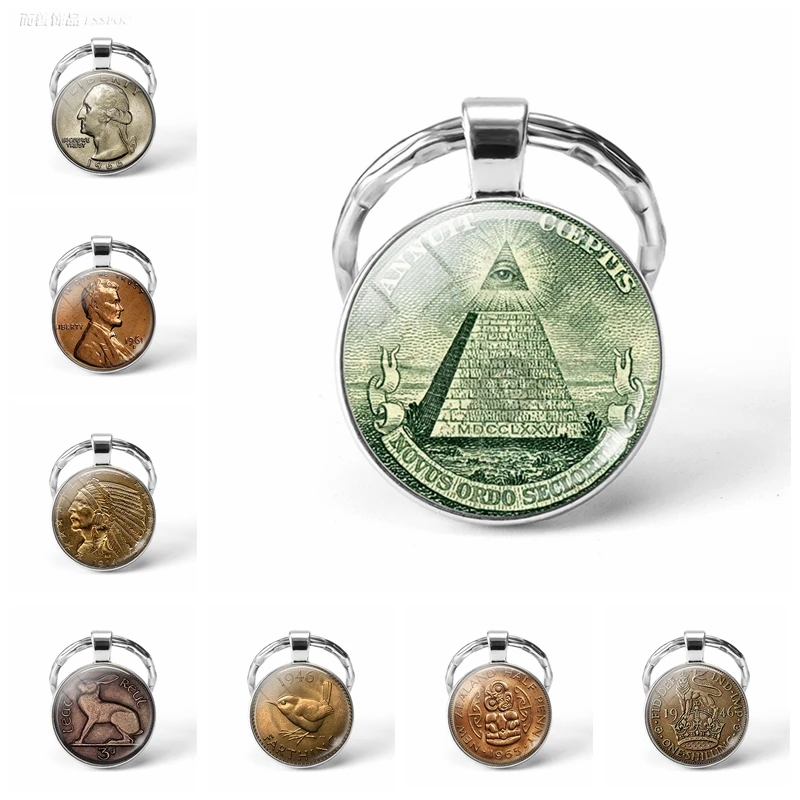 

Eye of Providence Vintage Keychain One Dollar Coin Keychain Keyring Egyptian Pyramids Key Rings Key Holder