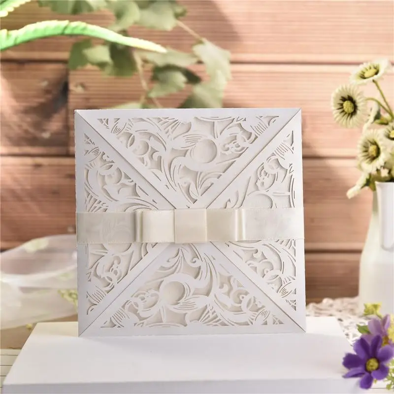 

10pcs/lot European Square White Invitation Card For Wedding Elegant Delicate Carved Lace Wedding Invitation Cards With Bowknots