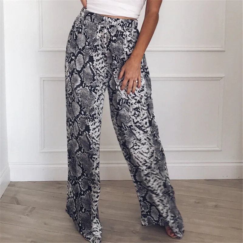 

Womens Leopard/Snakeskin Printed Loose Pants 2019 New Ladies Palazzo Wide Leg Long Pants Elegant Woman Baggy Casual Trousers Hot