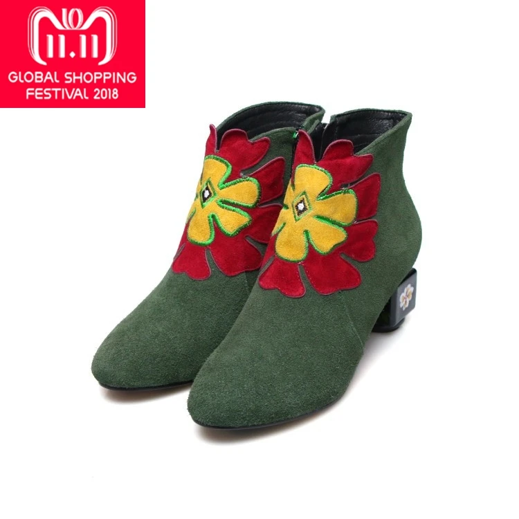 

{Zorssar} Fashion flowers High heels Ankle Boots Winter Shoes Women Scrub Leather Strange style Heels Boots Big Size 34-43