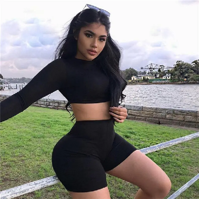 Download 2Pcs Sexy Women Sports Set Long Sleeve Crop Top Half ...