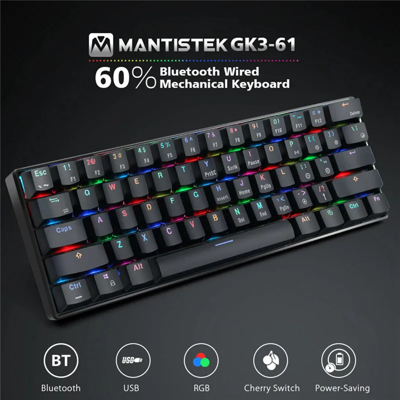 

MantisTek GK3-61 bluetooth Wired Dual Mode Cherry Switch RGB 60% Mechanical Gaming Keyboard LED Backlit Ergonomic Game Keyboard