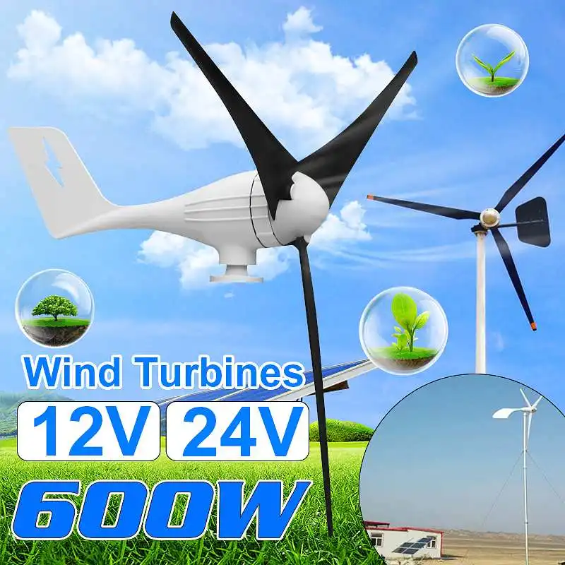 

600W 12 V 24 Volt 3 Nylon Fiber Blades Horizontal Wind Turbines Generator Power Windmill Energy Charger Kit Low Wind Start