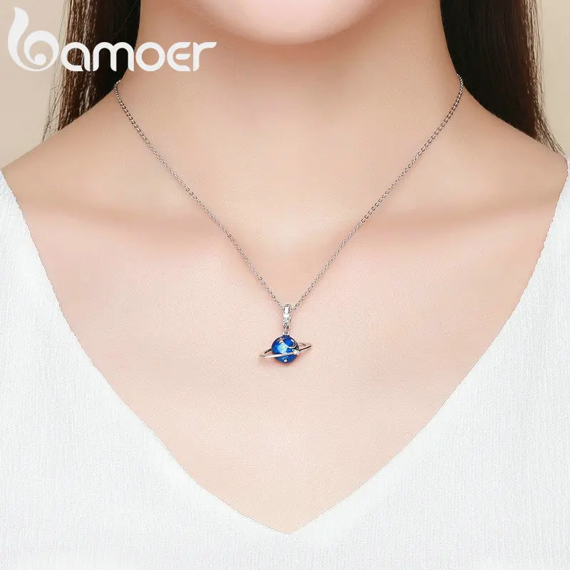 BAMOER 925 Sterling Silver Secret Planet Moon Star Pendant Blue Enamel Charms Fit Charm Bracelets Necklace Silver Jewelry SCC933