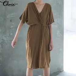 Celmia 2019 летнее элегантное женское платье до середины икры повседневные свободные с высокой талией пляжный сарафан сексуальный глубокий
