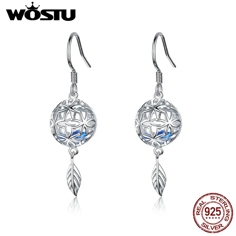 WOSTU классические 925 пробы серебряные серьги-кольца с шариком и синим цирконием для женщин Свадебные Роскошные ювелирные изделия CQE573