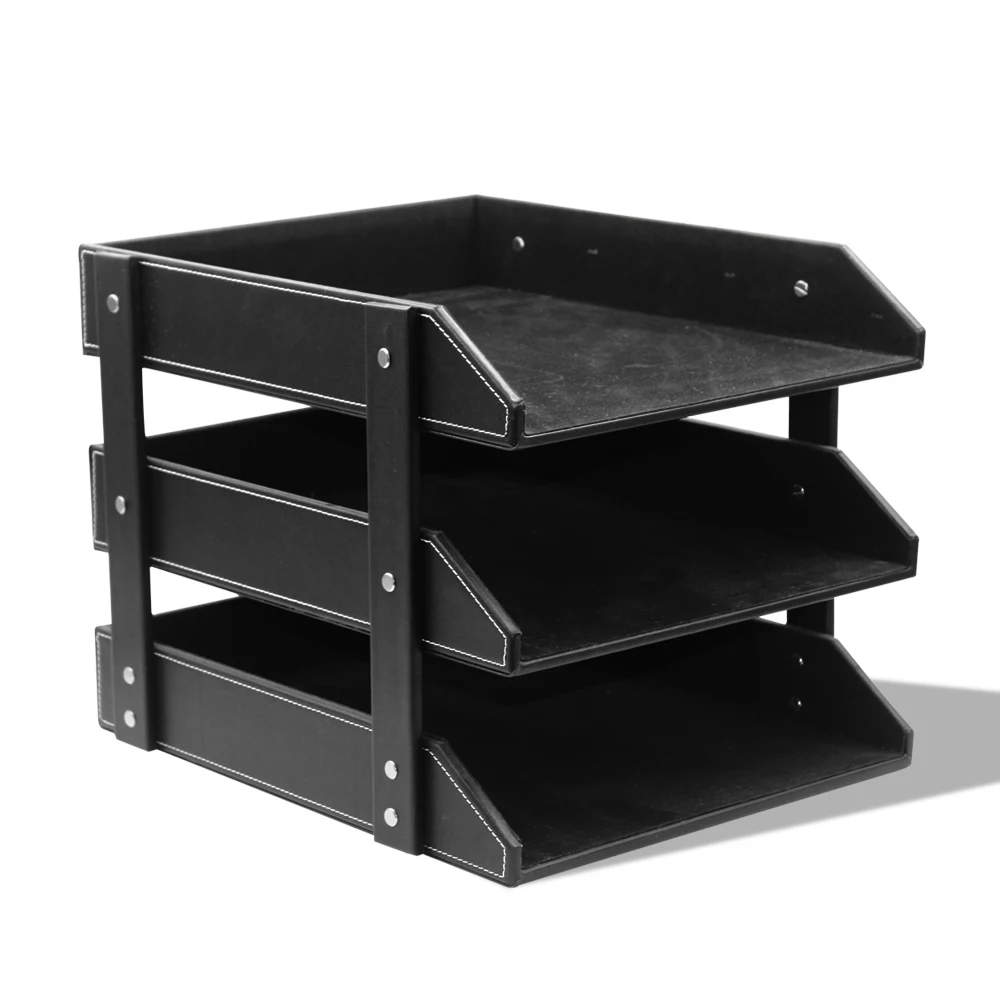 3 Layers Document Holder Pu Leather Desk A4 Document File Tray