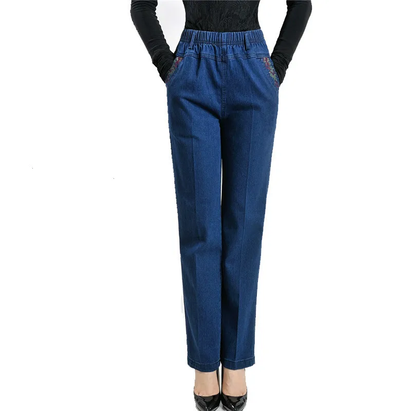 Весенне-осенние Стрейчевые джинсы для женщин среднего возраста, элегантные прямые джинсовые штаны с высокой талией, повседневные свободные ковбойские брюки размера плюс