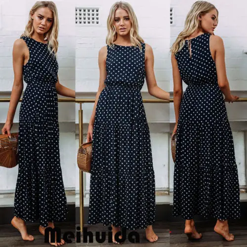 2019 Bobo Women Dark Blue Boho Loose Sleeveless Holiday Dot Print Long Maxi Dress Evening Party Beach Dresses Summer Sundress