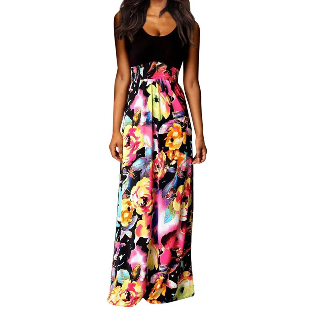 

2019 Boho Maxi Summer Dress Women Vintage Floral Printed Beach Long Party Dresses Ladies O-Neck Sleeveless Casual Sundress
