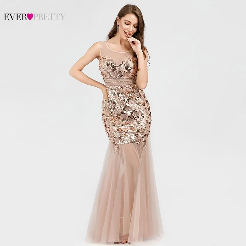 

Elegant Sequined Prom Dresses Long Ever Pretty EP07922RG V-Neck Sleeveless Sparkle sexy Transparent Mermaid Gold Prom Dresses