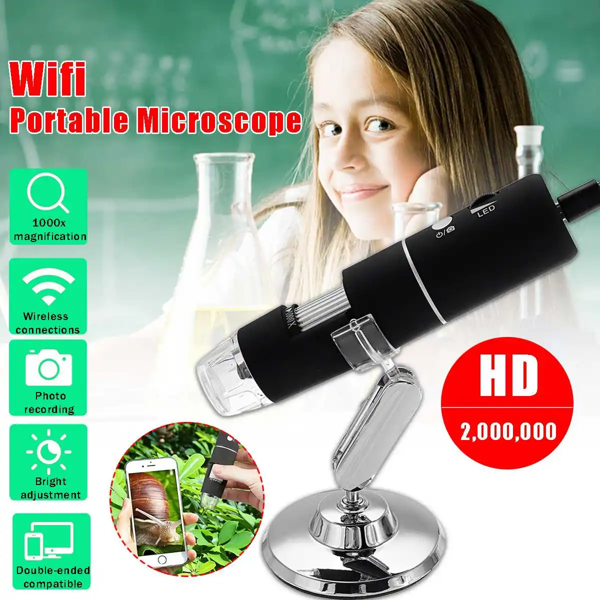 

10M Portable Wireless Wifi Microscope Digital USB HD 2MP Camera 1000x Magnification for Children Students Collectors Testers