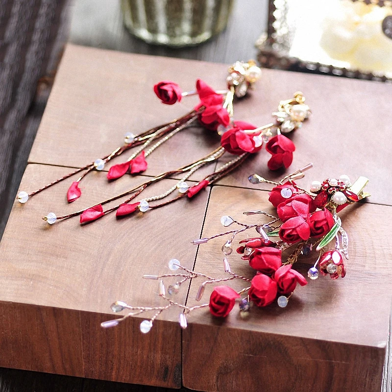 

Red Fabric Flower Hair Clip Drop Earring Jewelry Set for Wedding Bridal Headdress Floral Barrettes Women Party Headwear Gifts