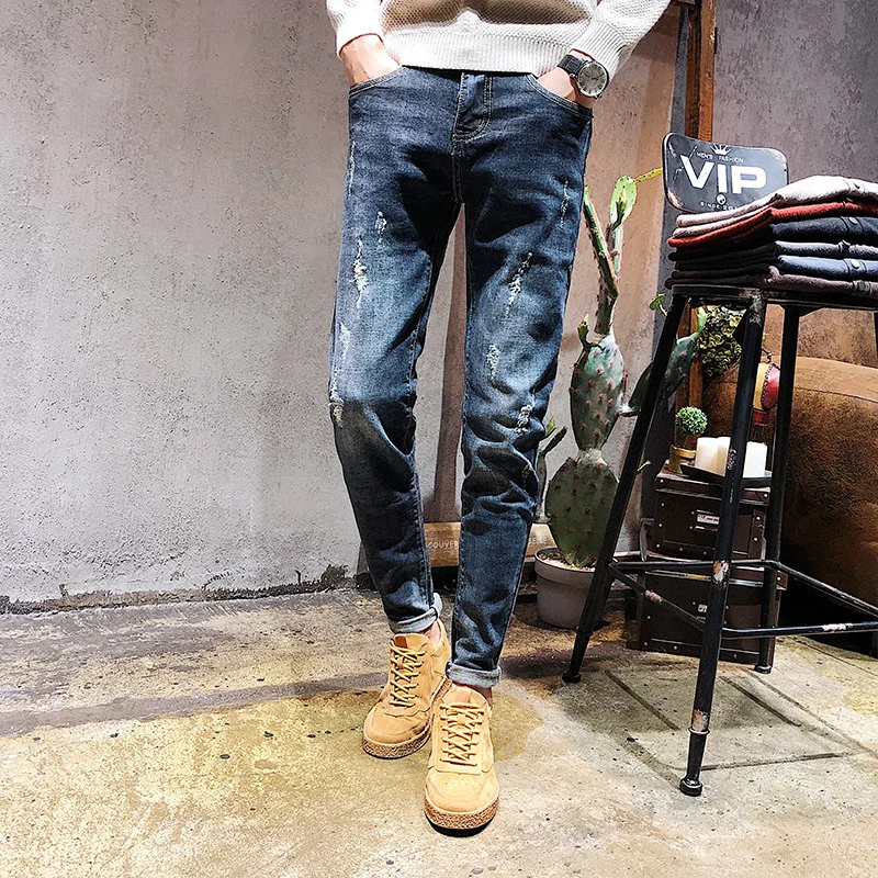 Осень и зима бутик для мужчин's мотобрюки личности повседневные джинсы молодежи темпера мужчин t сплошной цвет простой хлопо