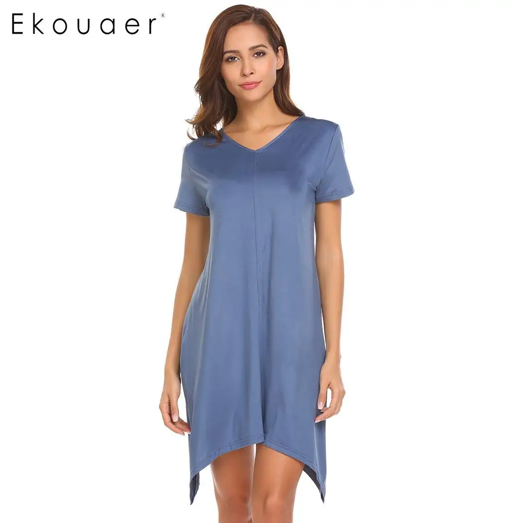 

Ekouaer Women Soft Nightgown Casual Summer Night Dress V Neck Short Sleeve Solid Loose Irregular Hem Sleep Dress Homewear