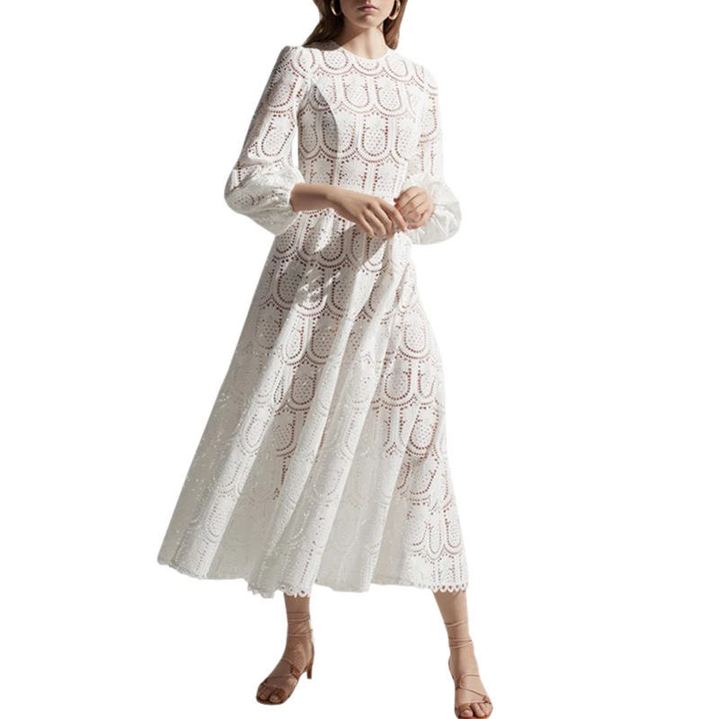 

clothes for women hollow out pineapple crochet white party dress scalloped o-neck long sleeve beach dress bodycon lace dress