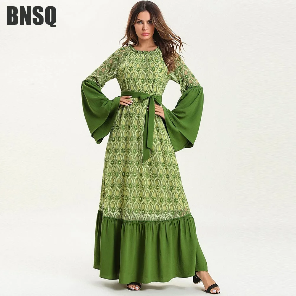Элегантное мусульманское кружевное платье abaya с расклешенными рукавами летучая