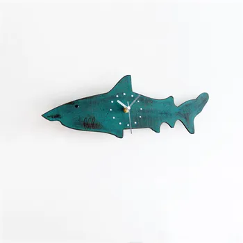 

New Wall Clock Big Shark 40cm Retro Wooden Wall Clock Quartz Vintage Silent Movement Duvar Saati Wall Watch For Home Decoration