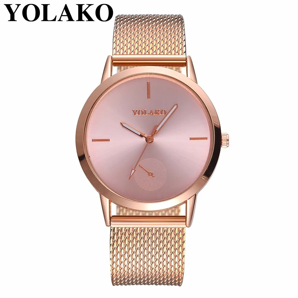 

YOLAKO Brand Fashion Women Rose Gold Simple Quartz Wristwatches Luxury Plastic Leather Wrist Watches Relogio Feminino Hot