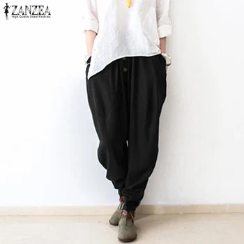 

Plus Size Turnip Pantalon 2020 ZANZEA Women Elastic Waist Pants Female Button Harem Trousers Femme Vintage Linen Pants Palazzo