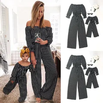 

Mom Kids Clothes Fashion Striped Off Shoulder Casual Jumpsuit Long Sleeve Loose Jumpsuit