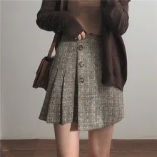 Асимметрия юбки Винтаж модные Высокая Талия боты плед Для женщин плиссированные зимние юбки для женщин